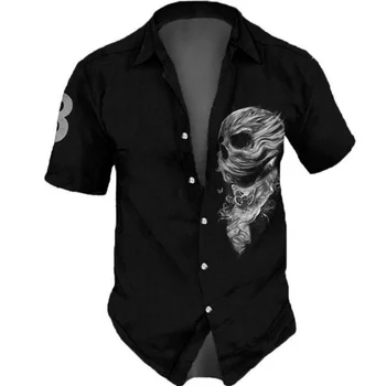 2023 Camisas masculinas Lapela Streetwear Vintage Shirt Para Homens Crânio Hip Hop Short Sleeve Top Festa de Verão Casual Homens Camisas Havaianas