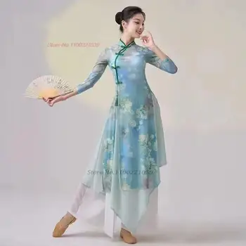 2023 chinês antigo vintage vestido de fada cosplay nacional de flor de impressão de malha qipao+calças conjunto oriental festival de roupa vestido de palco