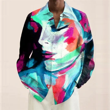 2023 Moda da Primavera Verão Retrato Grafite Casual Camisa dos Homens da Alta Qualidade de Tecido Macio de Rua ao ar livre Lapela da Camisa de Manga Longa
