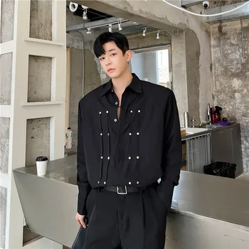 2023 Outono estilo coreano Personalizado Multi escondida plissado rebite camisas para homens casuais solta projeto rebite camisas M-XL