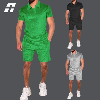 2023 Verão de Homens Conjuntos de Veludo T-Shirt+Shorts de Treino para Homens Sólido de Cor Suave Respirável 2 Peças Conjunto de Mens Casual de Sportswear