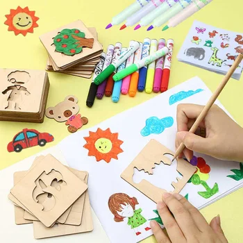20pcs de Madeira DIY Montessori Crianças Desenho Brinquedos Pintura Estênceis Modelo de Ofício de Brinquedos Quebra-cabeça de Brinquedos Educativos para Crianças Presentes