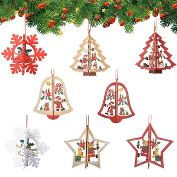 A madeira da Árvore de Natal Decoração de Férias de Madeira Tags Pendentes de Quinta a Decoração Com a Corda Enfeites de Natal DIY Artesanato floco de Neve Bell