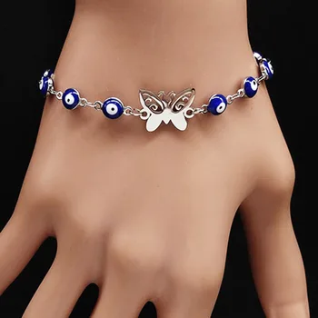 Borboleta de Aço Inoxidável Encantos Pulseira para Mulheres Sorte Turquia Mal de Olho Azul Bracelete Chain de Dom Jóias bijoux femme B9113S02