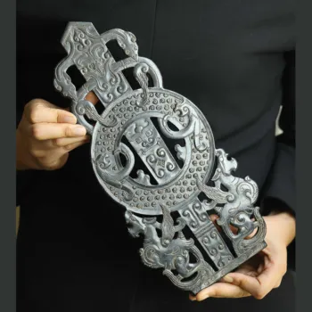 China antiga Natural hetian Jade Mão dragão Esculpido placa bi de 12,6 polegadas a1