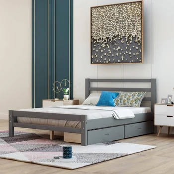 Cinza completa plataforma de Madeira cama com duas gavetas, Fácil de montar para o interior da mobília do quarto