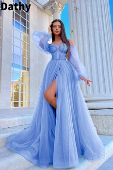 Dathy Lindo Azul De Mangas Compridas Vestido De Baile A Mais Deslumbrante Vestido De Alcinhas Vestidos De Noite De Luxo 2023
