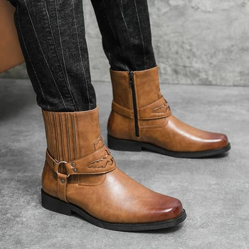 Homens clássicos do Western Botas de Cowboy do Cavaleiro Sapatos de Couro com Zíper Casual Bezerro Novo de Alta Qualidade, Conforto Moda Design Principal