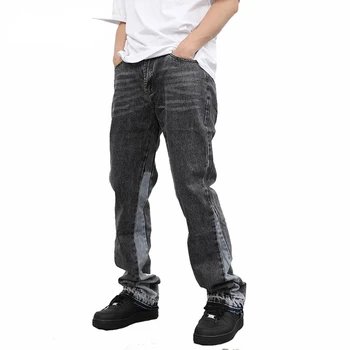 Homens Retro Europeu e Americano High Street Style Hip Hop um Pouco Atado Personalidade Wide Leg Jeans de Correspondência de Cores de calças de Brim Slim