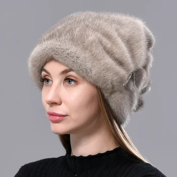 Inverno Chapéus para Mulheres Naturais de Peles de Vison Ajustável de Natal de Luxo Quente Caps