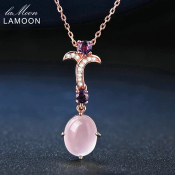 LAMOON Flor 8X10mm 100% Natural Oval pedra preciosa Quartzo Rosa Cadeia Colar de Prata 925 Jóias LMNI013