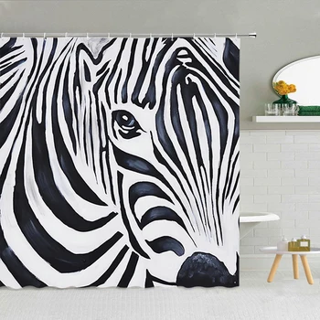 Moda Preto E Branco Zebra Textura Cortina De Chuveiro Do Animal Da Selva De Camuflagem Decoração Do Banheiro Tecido Impermeável Ganchos De Cortinas
