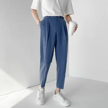 Moda verão os Homens de Calças de Cintura Elástica de Comprimento no Tornozelo Casual Terno de Calça Estilo coreano Regular Fit Sólido Luxo de Calças Bege Azul