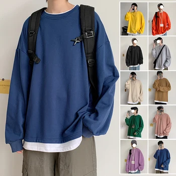 Pulôver de Moletom Personalizado Costura masculina manga Longa em torno do Pescoço T-shirt Assentamento Camisa coreano Estilo Streetwear D23