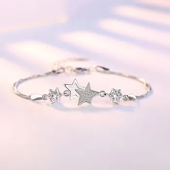 Quente novo 925 Prata Esterlina romântico Cristal Estrelas Pulseiras para Mulheres de Jóias de Moda Festa de Casamento Acessórios Par Presentes