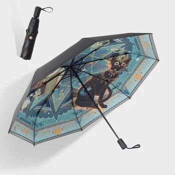 Retro Arte Bastet guarda-chuvas Anti-UV, Sol Automático Portátil Mpressão de Dobramento Chapéus-de-sol Egípcio Gato Chuva e Sol Dual-Use Guarda-chuva