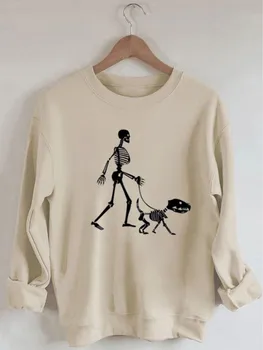 Rheaclots Halloween Esqueleto do Cão E Impressão das Mulheres de Algodão Feminino Bonito Camisola de Mangas compridas