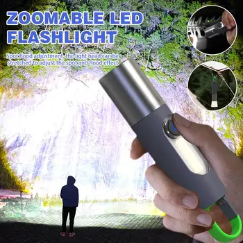 USB Lanterna elétrica Recarregável de Alta Lumens Zoomable Lanterna LED Com ESPIGA de Luz Lateral 4Modes Floodlight Tocha Para o Exterior Cam V9R8